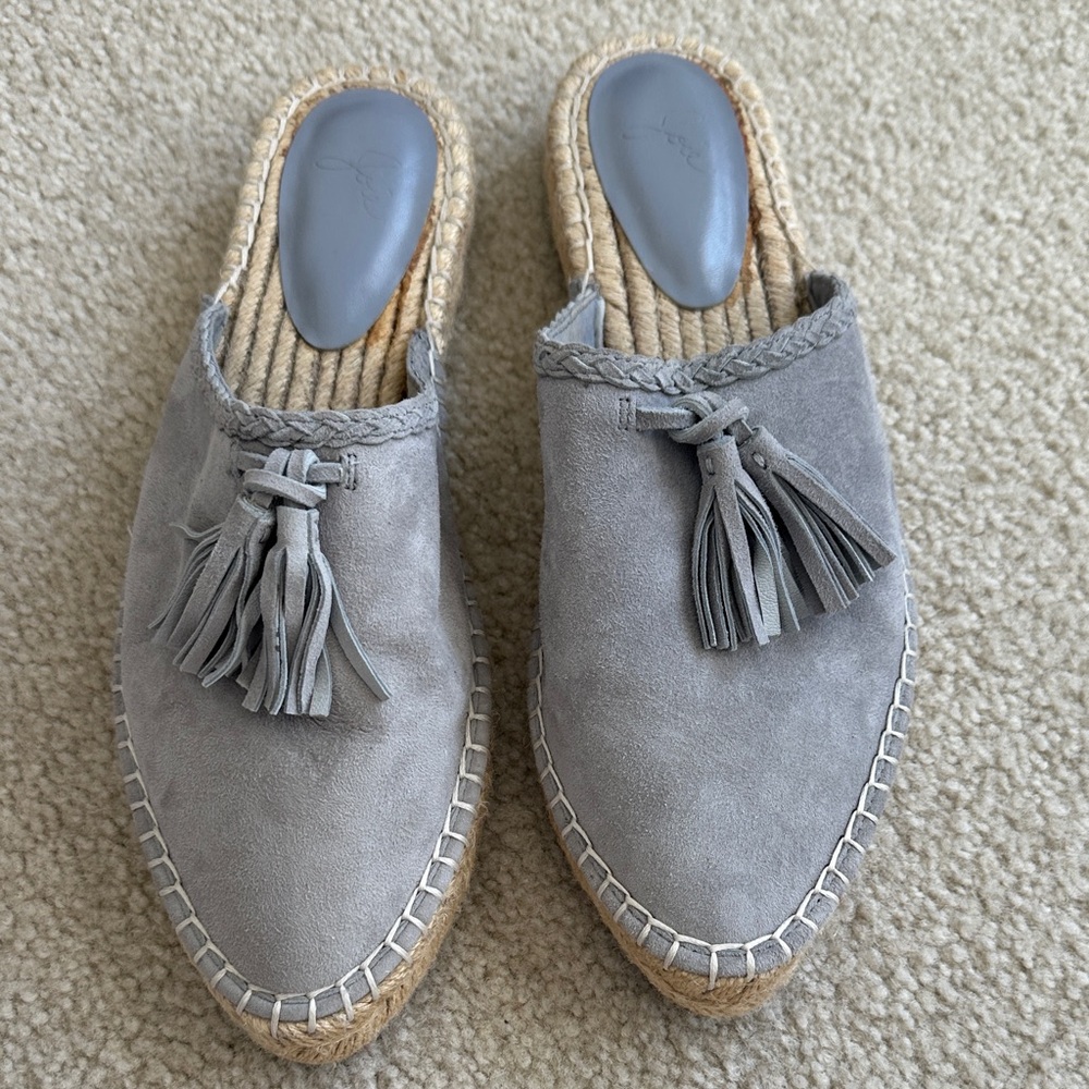 Joie Light Blue Gray Suede Tassel Espadrille Mules